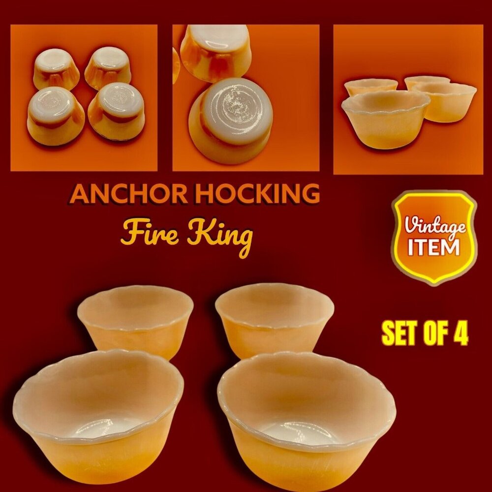 Set of 4 Vintage Fire King Peach Lustre 6oz Dessert Custard Cups.